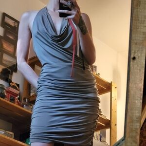 Hippie Chic Olive Green Cowl Neck Side Ruching Midi Dress- Size L